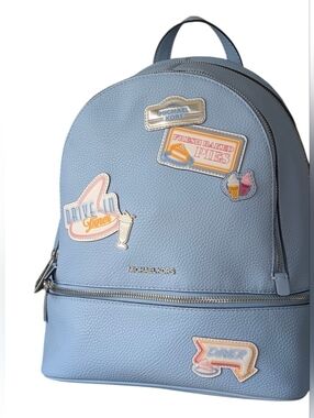 New MICHAEL KORS OUTLET Rhea Medium Embellished Patches blue Backpack